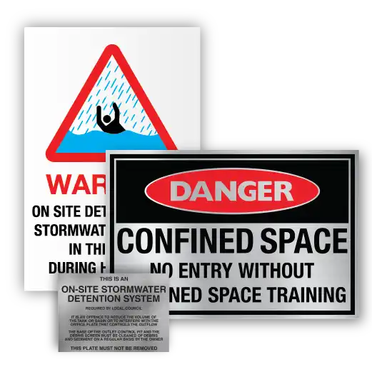 A collection of safety signs for stormwater detention systems and confined spaces.