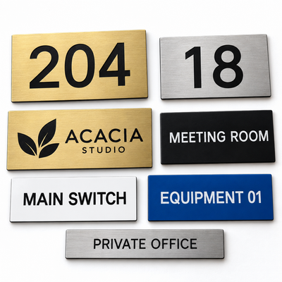 Custom engraved traffolyte examples: gold and silver apartment numbers, a logo plaque, room signs and equipment labels
