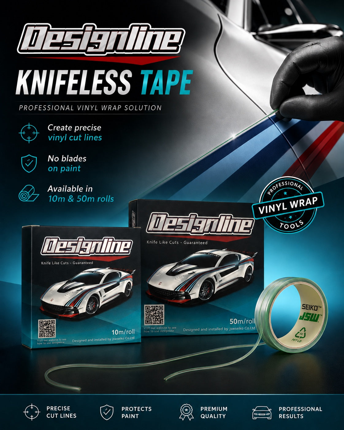 Designline knifeless tape for precise blade-free vinyl wrap cutting on vehicle panels