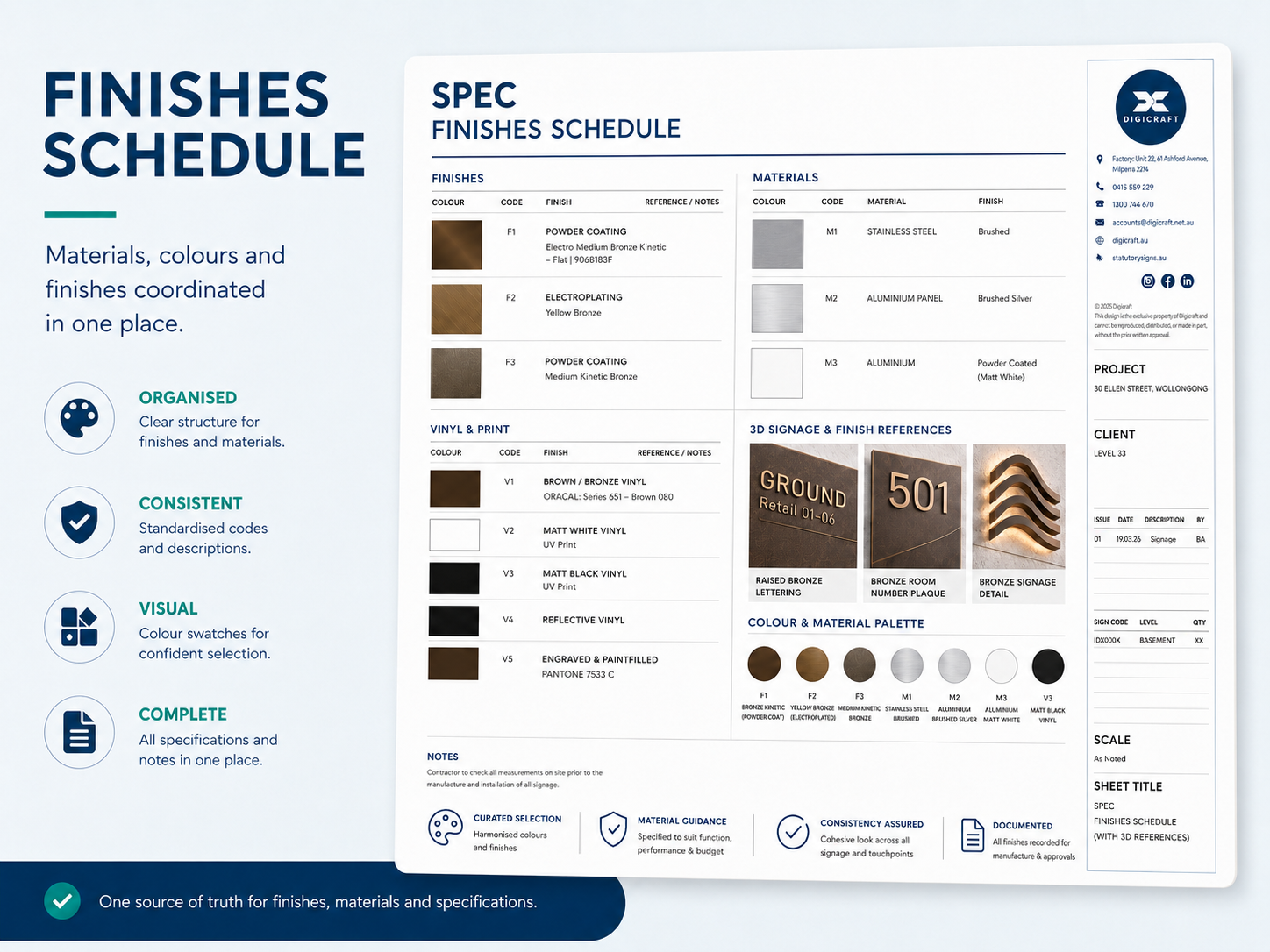 Finishes schedule example showing materials, colours, finish references and 3D signage examples
