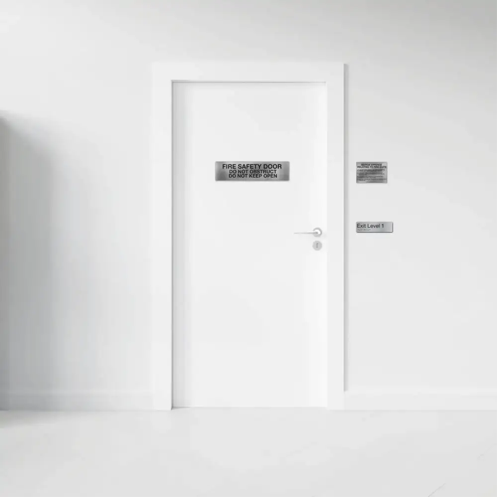 White fire safety door with a silver handle and multiple attached signs.