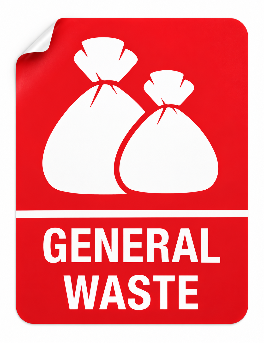 General Waste white vinyl sticker with peeled corner, 200 x 260 mm