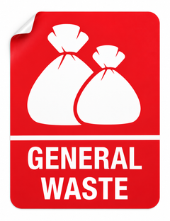 General Waste white vinyl sticker with peeled corner, 200 x 260 mm