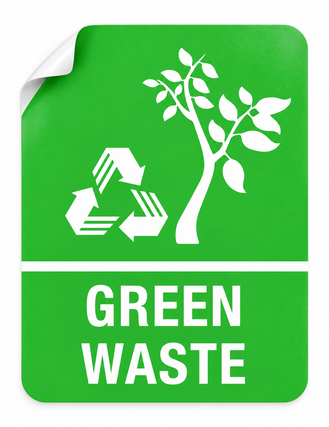 Green Waste white vinyl sticker with peeled corner, 200 x 260 mm