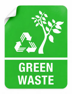 Green Waste white vinyl sticker with peeled corner, 200 x 260 mm