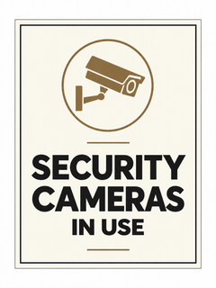 Security Cameras in Use sign – front view, ivory with charcoal and bronze-brown printed artwork
