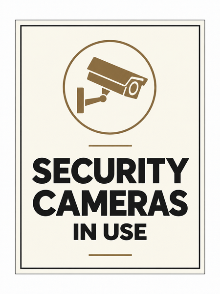 Security Cameras in Use sign – front view, ivory with charcoal and bronze-brown printed artwork