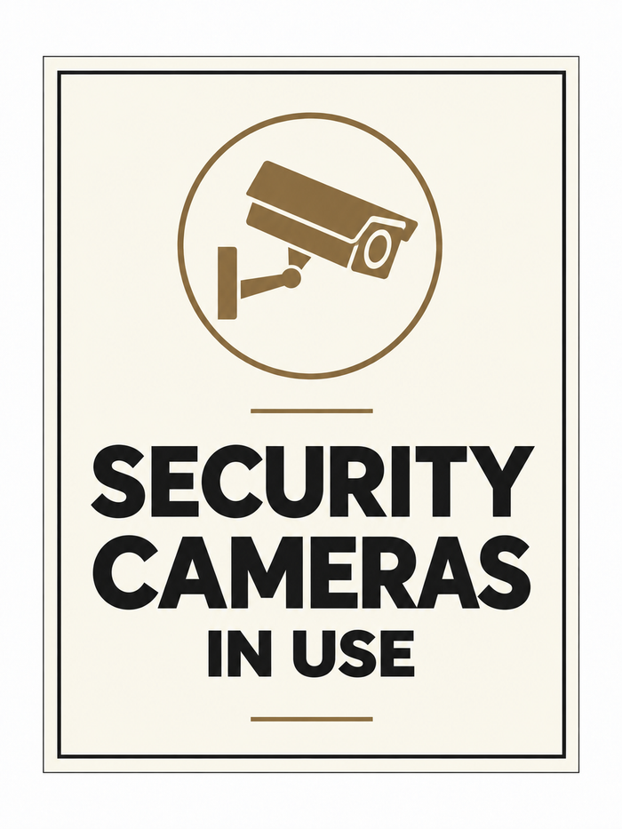 Security Cameras in Use sign – front view, ivory with charcoal and bronze-brown printed artwork
