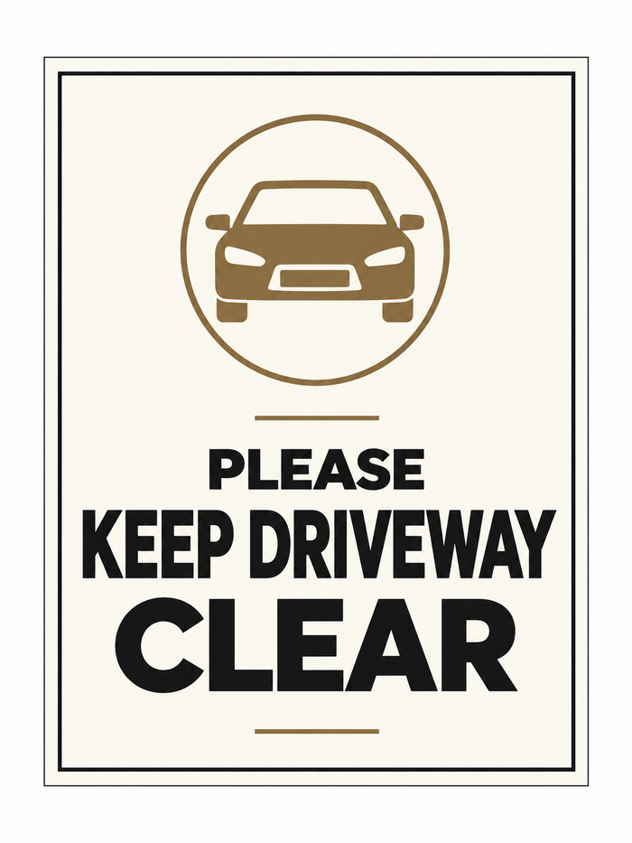Please Keep Driveway Clear sign – front view, ivory with charcoal and bronze-brown printed artwork