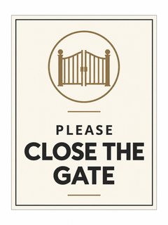 Please Close the Gate sign – front view, ivory with charcoal and bronze-brown printed artwork