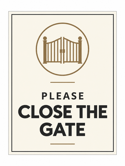 Please Close the Gate sign – front view, ivory with charcoal and bronze-brown printed artwork