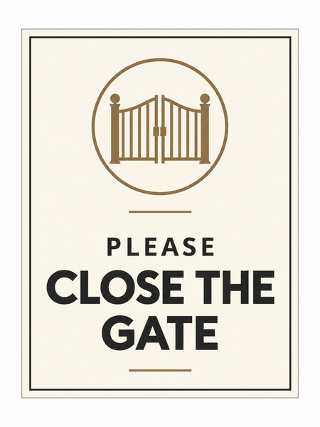 Please Close the Gate sign – front view, ivory with charcoal and bronze-brown printed artwork