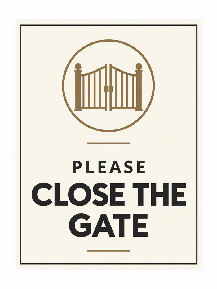 Please Close the Gate sign – front view, ivory with charcoal and bronze-brown printed artwork