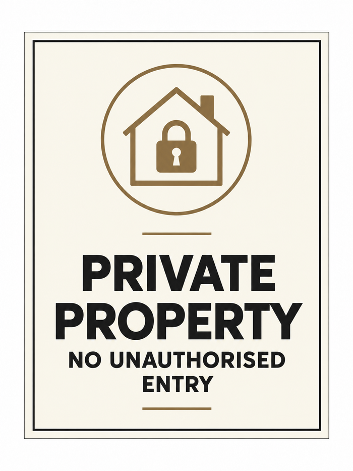 Private Property – No Unauthorised Entry sign – front view, ivory with charcoal and bronze-brown printed artwork