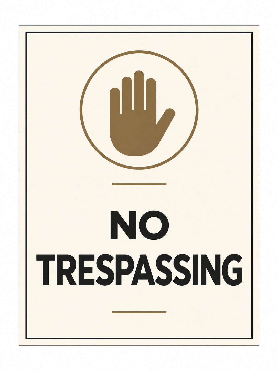 No Trespassing sign – front view, ivory with charcoal and bronze-brown printed artwork