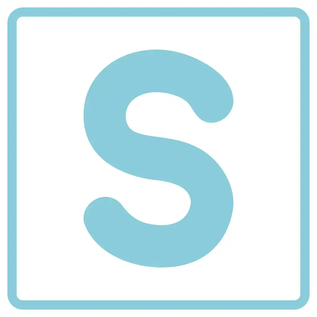 A light blue letter ’S’ inside a light blue square outline.