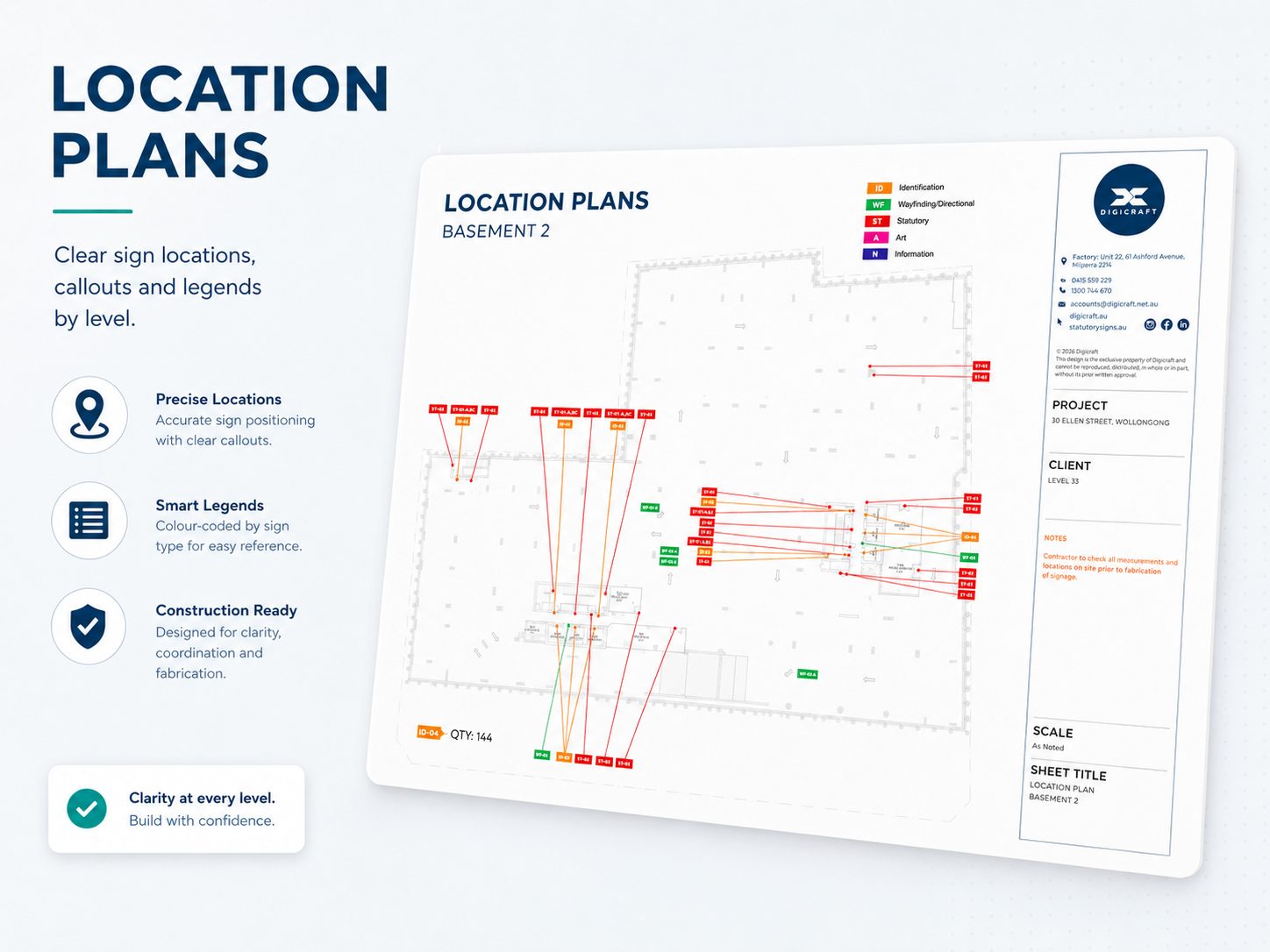 Location plan example showing sign locations, callouts and legends