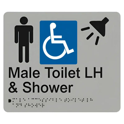 MALE ACCESSIBLE TOILET LH & SHOWER SIGN - Silver – 210mm x 180mm - Braille & Tactile Signs