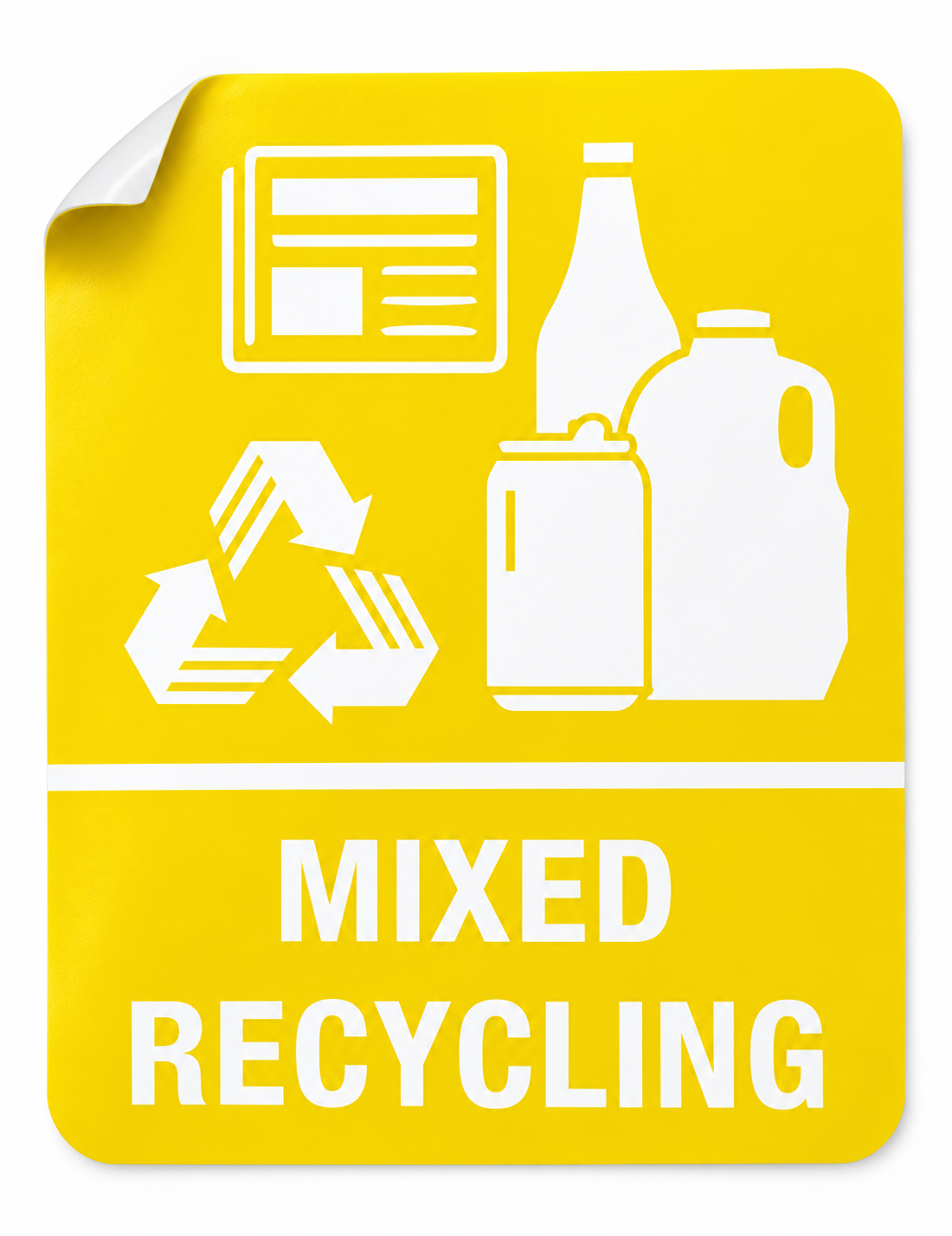 Mixed Recycling white vinyl sticker with peeled corner, 200 x 260 mm
