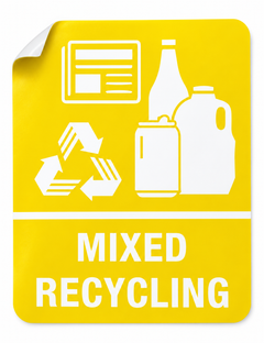 Mixed Recycling white vinyl sticker with peeled corner, 200 x 260 mm