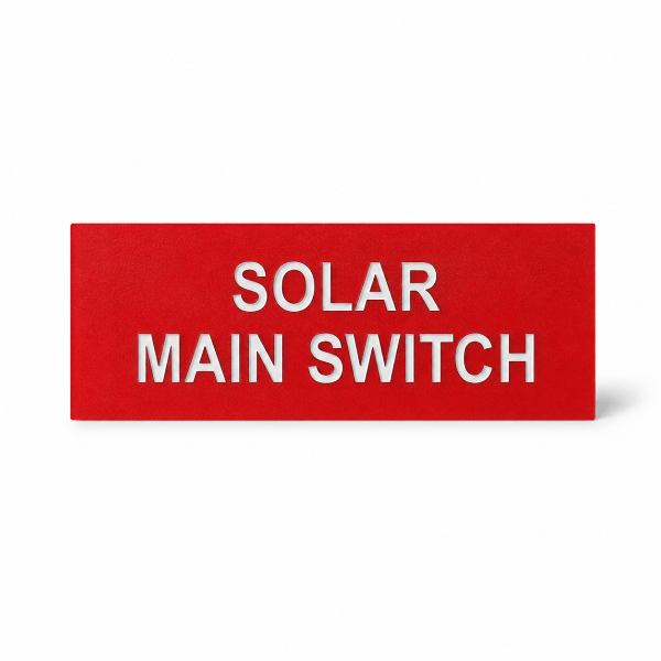 Red traffolyte label with white engraved Text