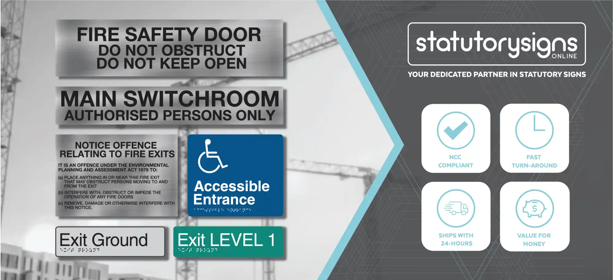 A selection of customizable statutory signs for various purposes, including safety, access, and exits.