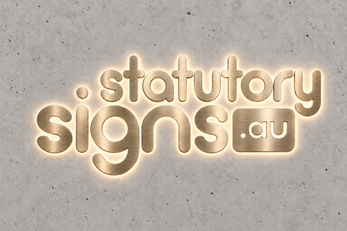 Realistic brushed champagne brass logo on light concrete with soft backlighting, illustrative signage concept