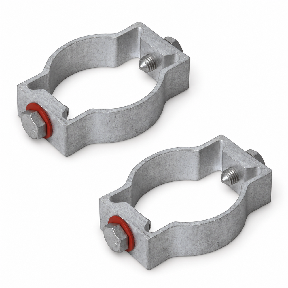 Product illustration: two TD2 double-sided sign brackets with bolts and washers