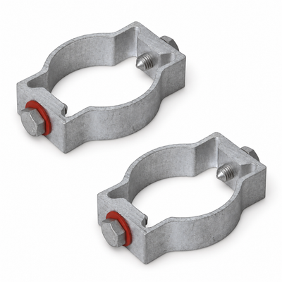 Product illustration: two TD2 double-sided sign brackets with bolts and washers