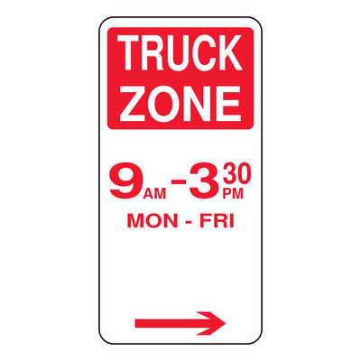 Truck Zone sign with times 225 x 450 mm — right arrow