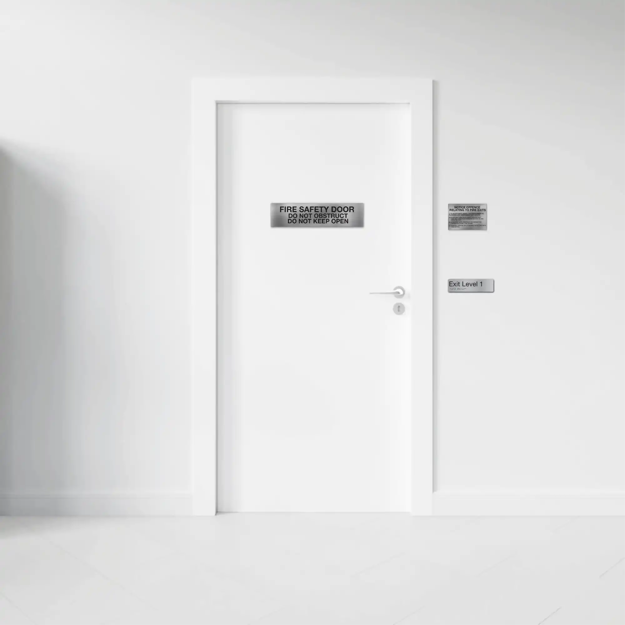 White fire safety door with a silver handle and multiple attached signs.