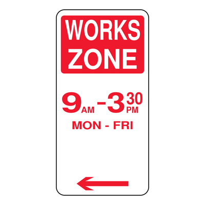 Works Zone sign with times 225 x 450 mm — left arrow