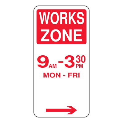 Works Zone sign with times 225 x 450 mm — right arrow